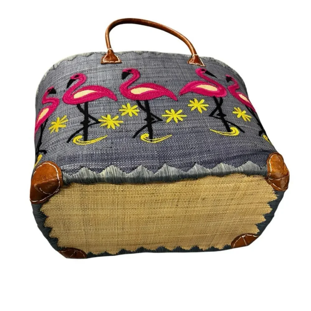 Le Comptoir De La Plage "Madagascar" Woven Raffia Blue/Pink Flamingos ExL Tote - Picture 7 of 16